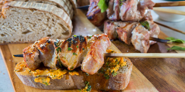 Pork fillet Espetada with a flavoured butter and fresh herbs