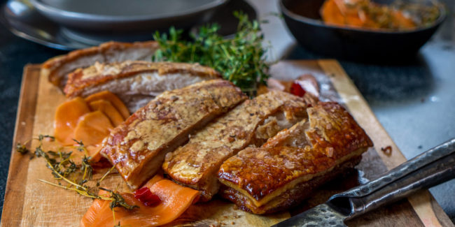 Crispy Pork Belly with Sweet Potato and Chilli Pickle