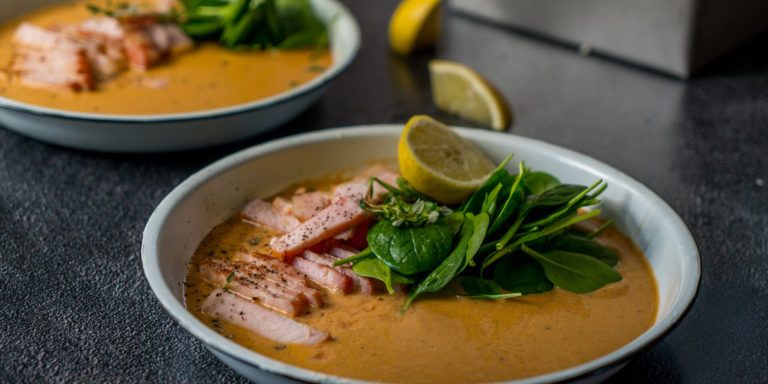 Ginger, Chilli and Sweet Potato Soup with Smokey Pulled Pork