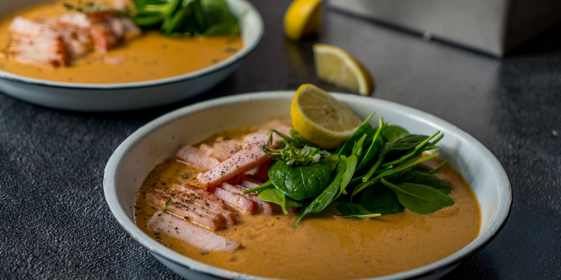 Ginger, Chilli and Sweet Potato Soup with Smokey Pulled Pork