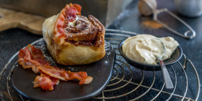Bacon Cinnamon Buns with Cream Cheese & Vanilla Glaze