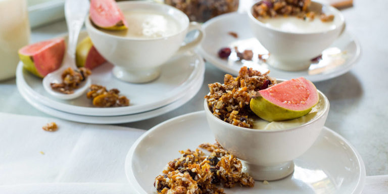 Bacon Granola With Panna Cotta Seasonal Fruit