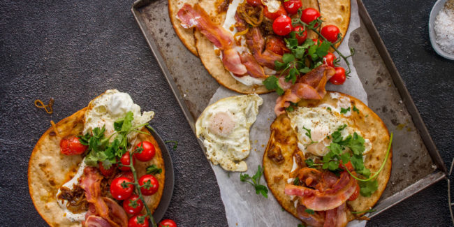 Toasted Bacon & Egg Wraps with Masala Cherry Tomatoes