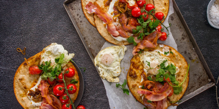 Toasted Bacon & Egg Wraps with Masala Cherry Tomatoes