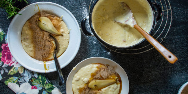 Bacon Melkkos With Rooibos Poached Pears