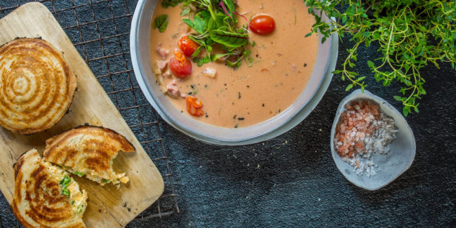 Spicy Bacon Soup with Three Cheese Jaffles