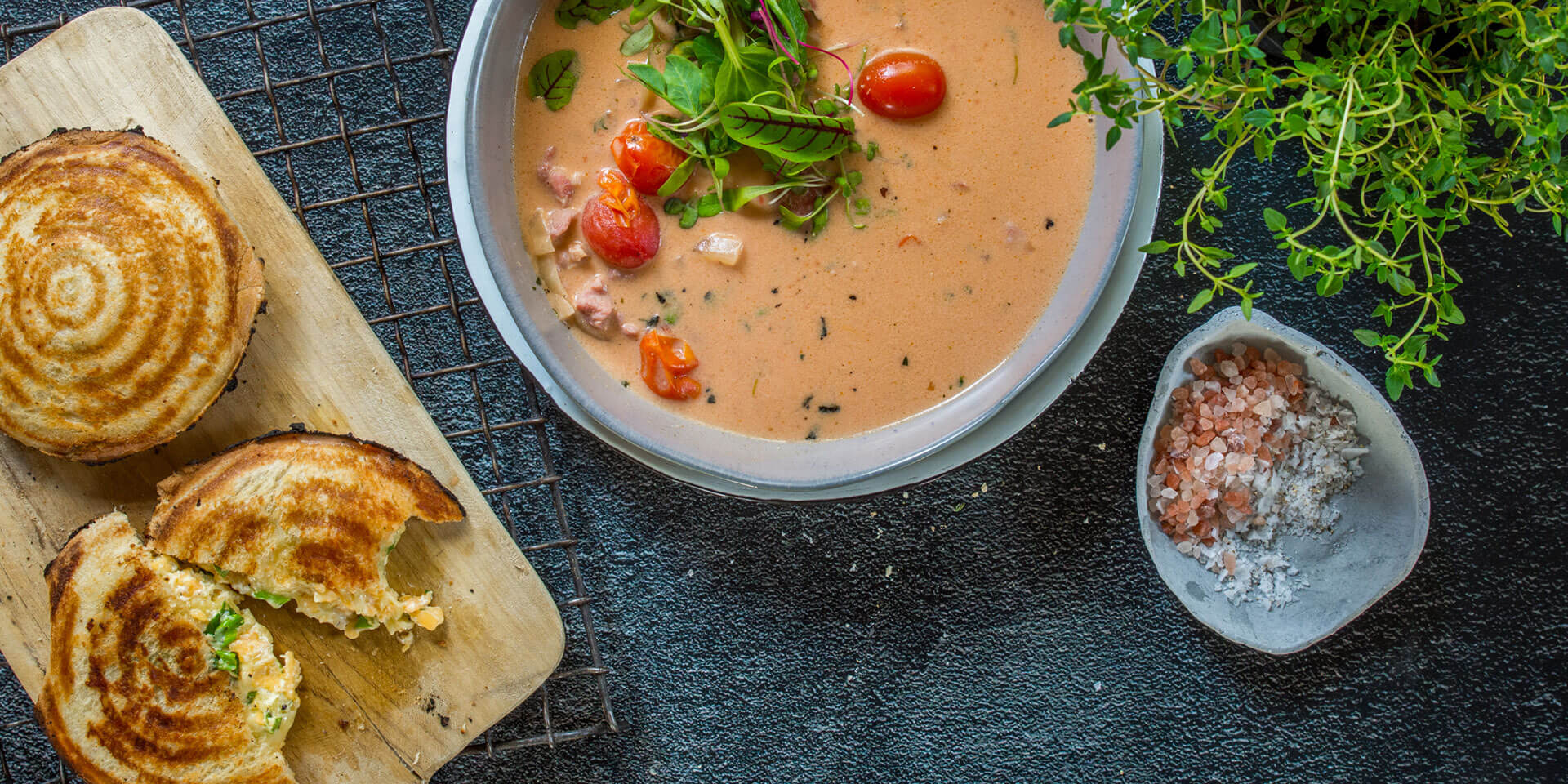 Spicy Bacon Soup with Three Cheese Jaffles