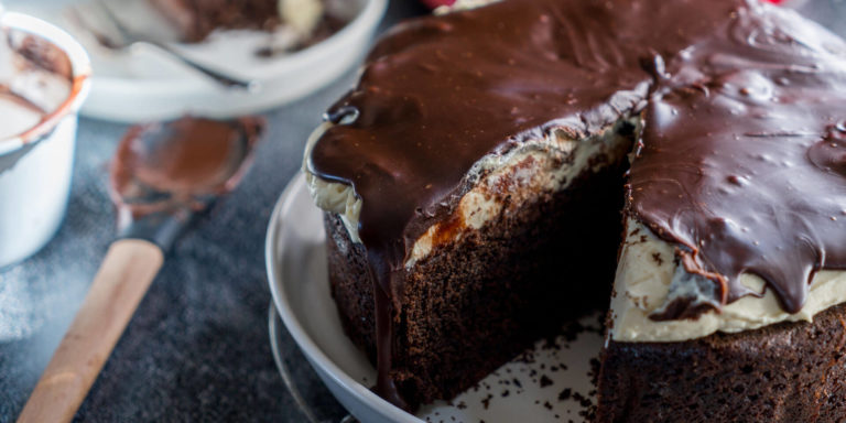 Bacon and beer chocolate cake with vanilla cream