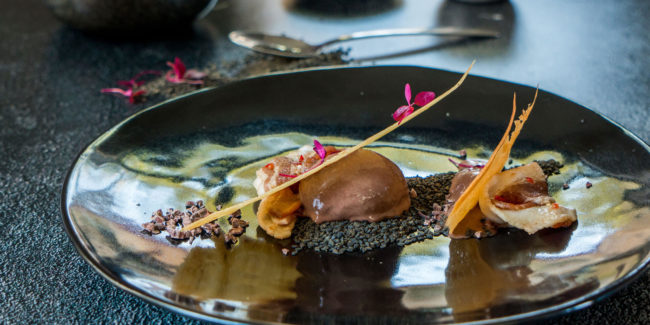 Treacle and Chilli Cured Bacon with Dark Chocolate Ice-cream & a Cinnamon Tulle