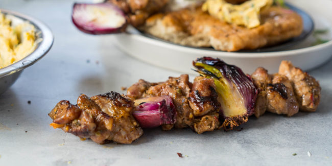 Prego Kebab on Fried Flatbread with Spiced Butter & Red Onion Yoghurt Dressing
