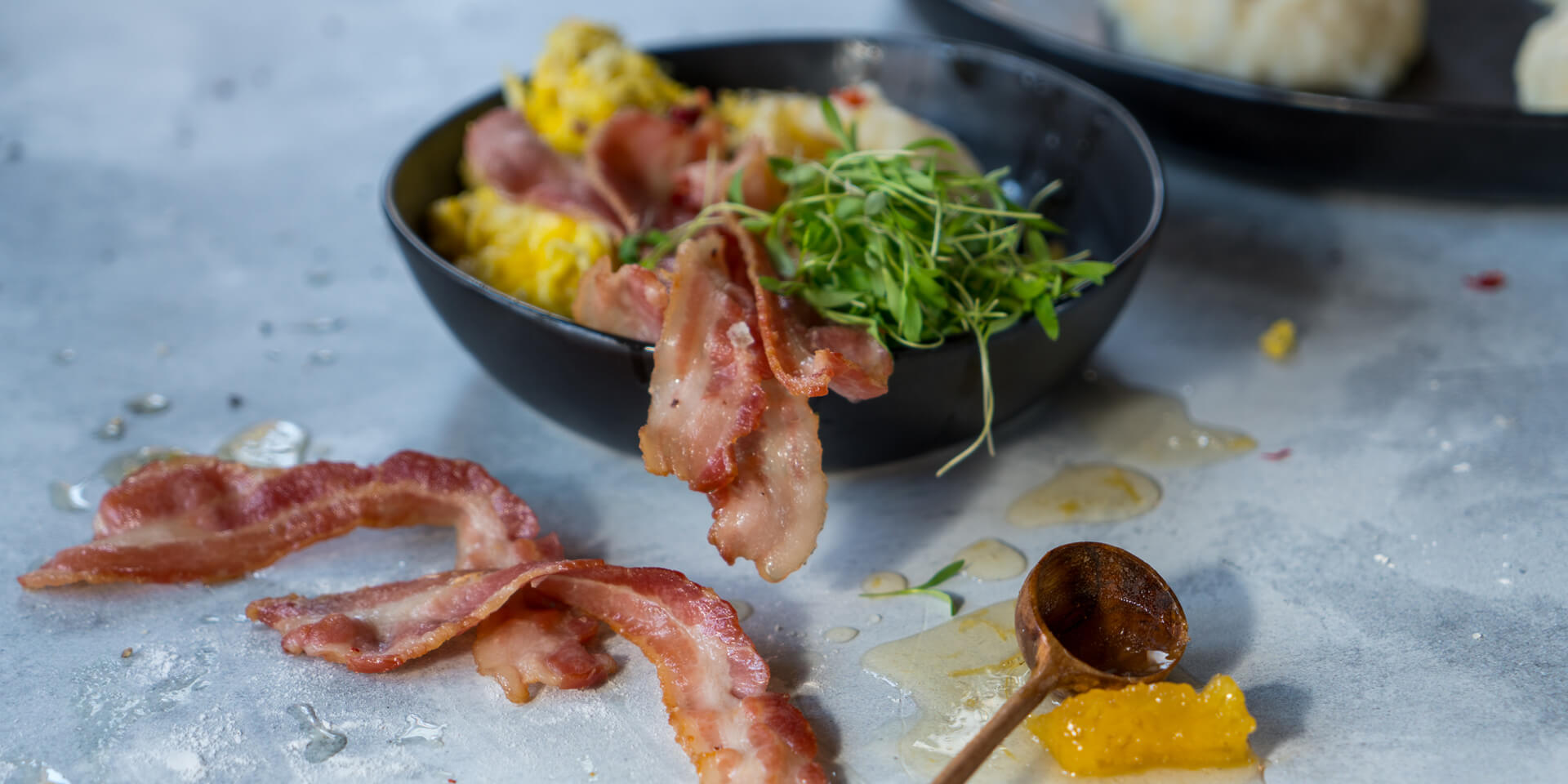 Topoi Buns with Pineapple Jam, Coconut & Red Chilli Scrambled Eggs & Crispy Bacon