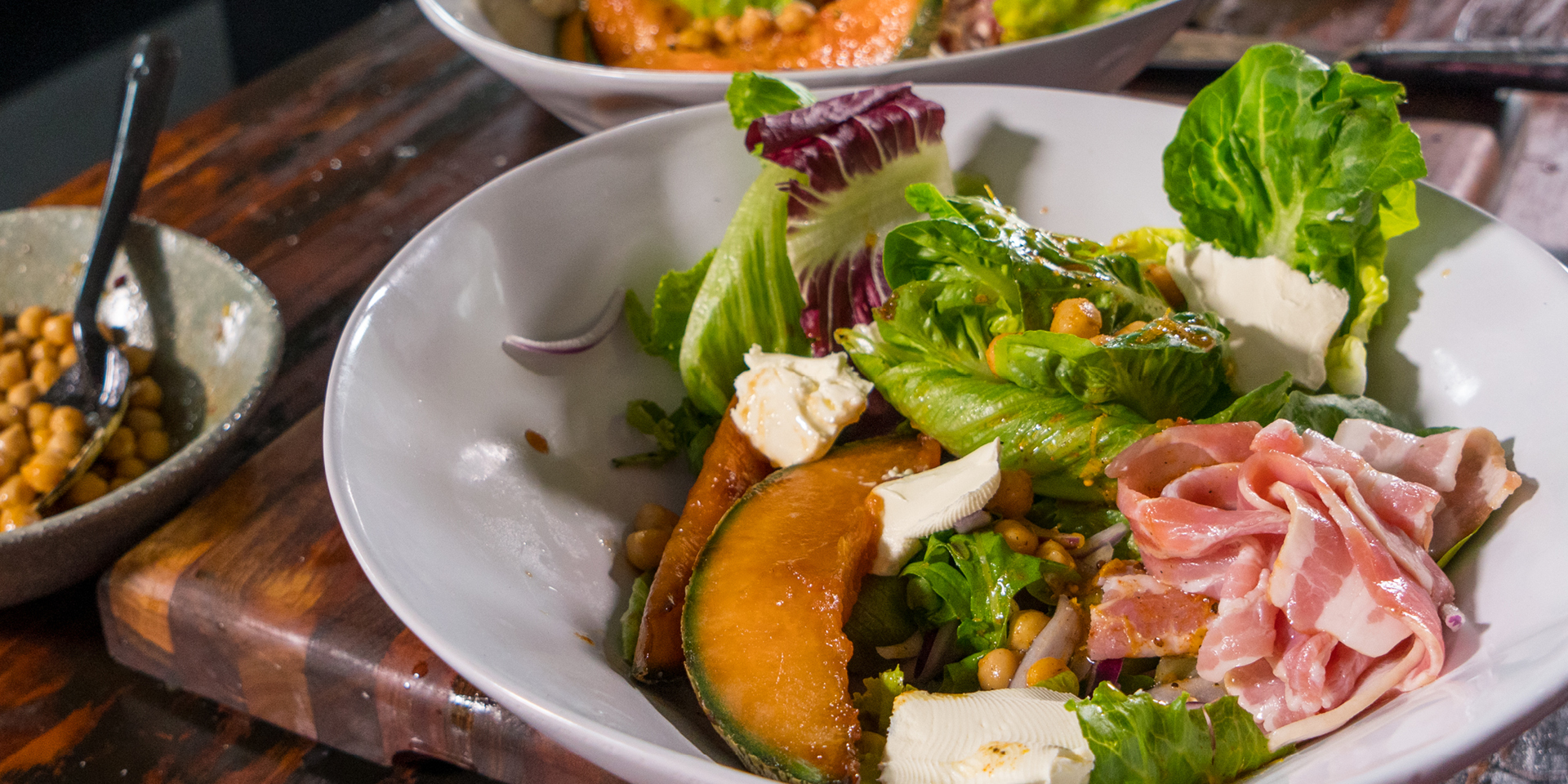 Cured Bacon, Caramelised Melon & Chickpea Salad