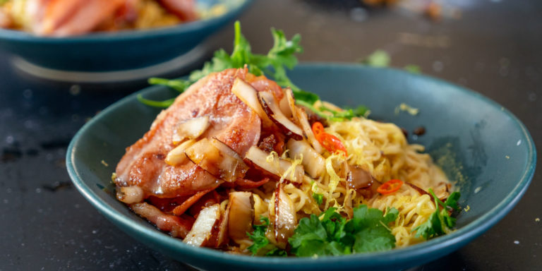 Coconut Bacon on Yellow Curry Noodles