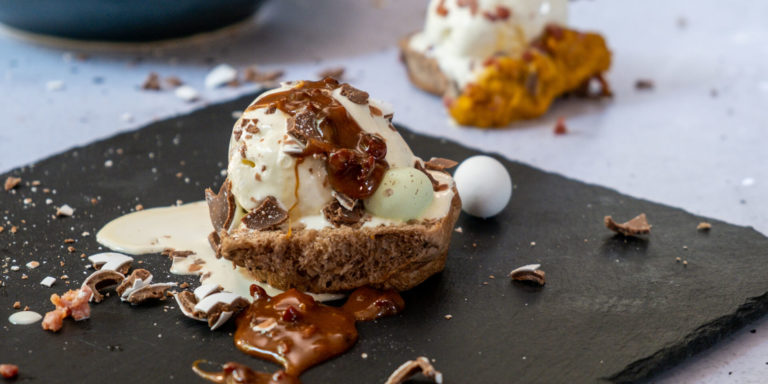 Hot Cross Bun with bacon and pumpkin butter