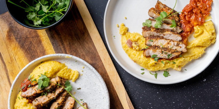 Meals with Tumi: Herb-crusted Pork Chops & Creamy Polenta with spicy tomato relish