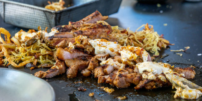 Shoestring sweet potato prego steak, archar dip