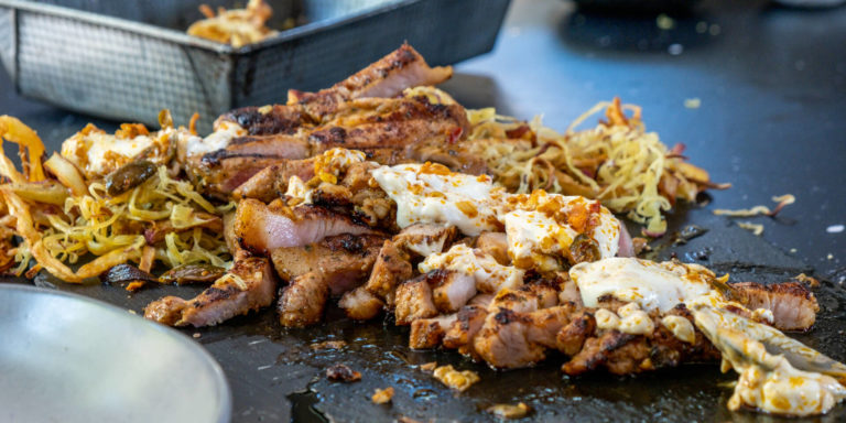 Shoestring sweet potato prego steak, archar dip