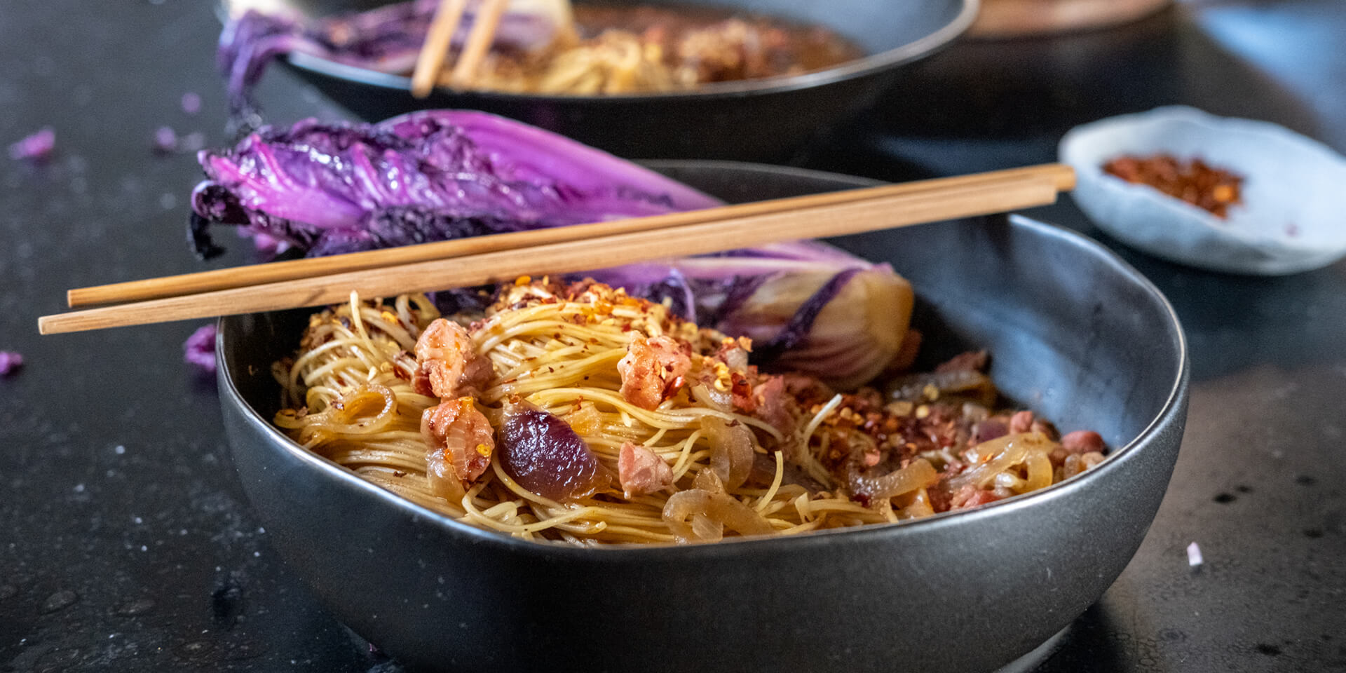 Spicy Sweet Onion & Bacon Broth with noodles