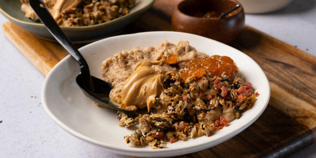 Bacon Granola on Winter Spiced Peanut Butter Porridge