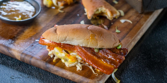 Baked BBQ Rasher & Spicy Cheese Rolls with Maple and Brandy Dip