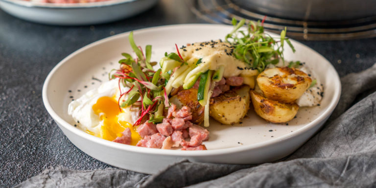 Baby Potatoes & Marrows with Crispy Bacon, Poached Eggs & Cheese Sauce