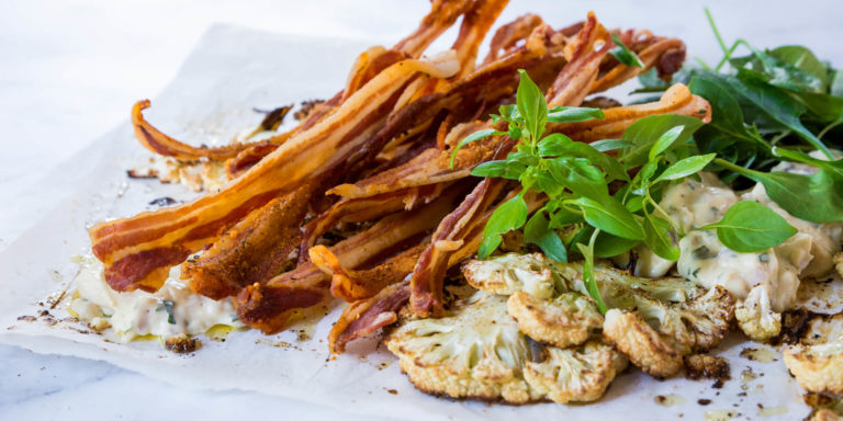 Cheese dip with Crispy Eskort Streaky Bacon and Cauliflower steaks.