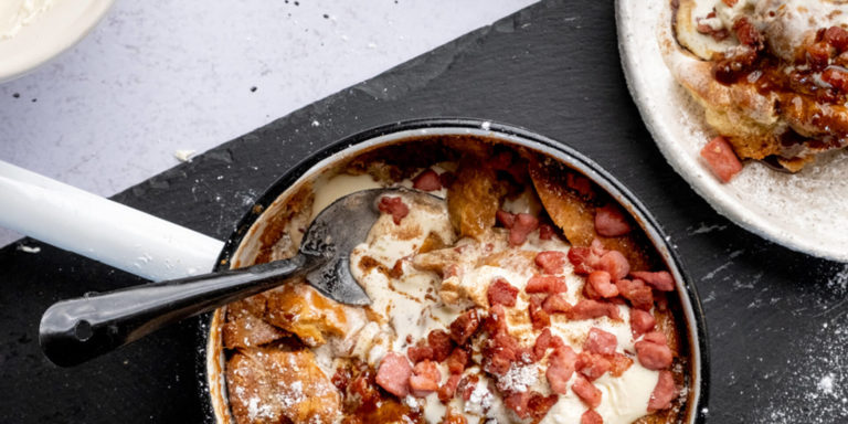 French Baked Caramel Croissants with Crispy Bacon & Whipped Vanilla Cream