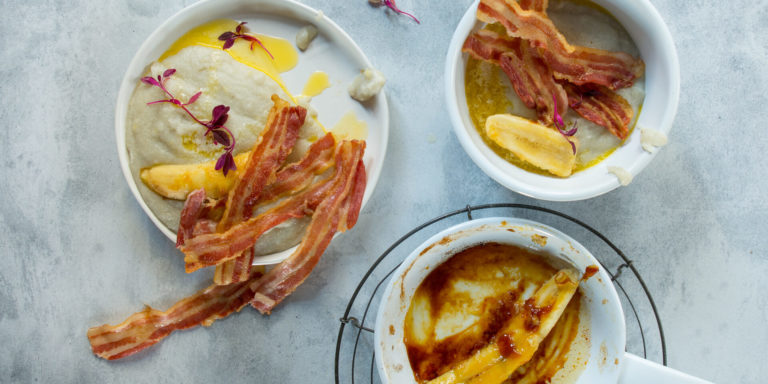 Sweet Vanilla Porridge with Streaky Bacon & Caramelised Bananas