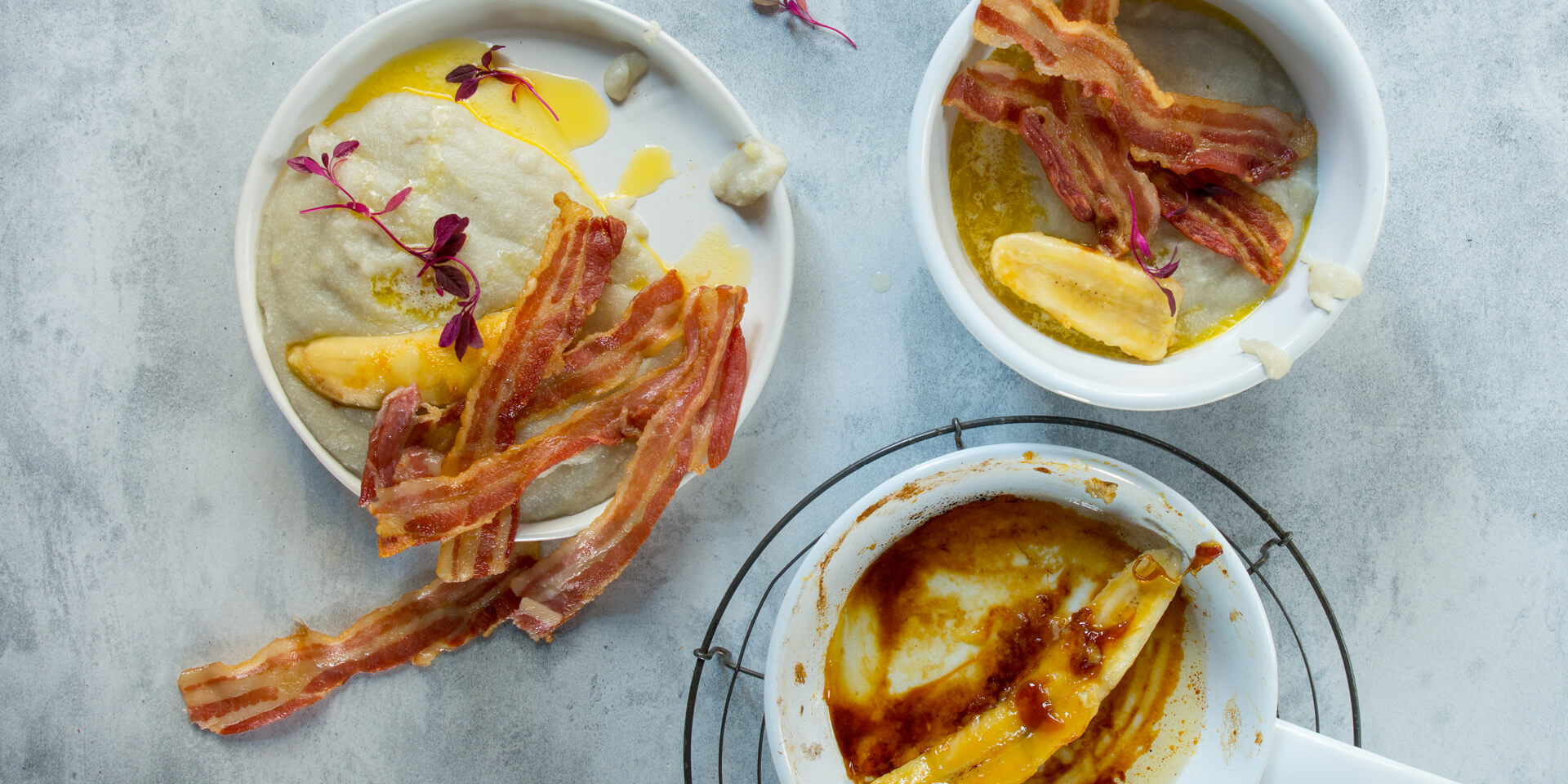 Sweet Vanilla Porridge with Streaky Bacon & Caramelised Bananas