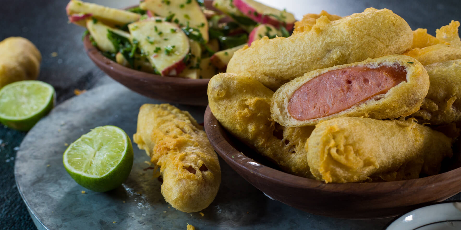 Battered Russians with Tequila & Lime Sweet Potato Pickle & Ginger Mayo