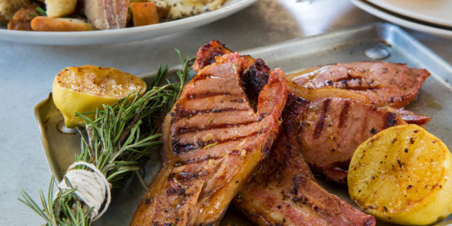 Breadsalad with onion and wiskey butter Kasler chops