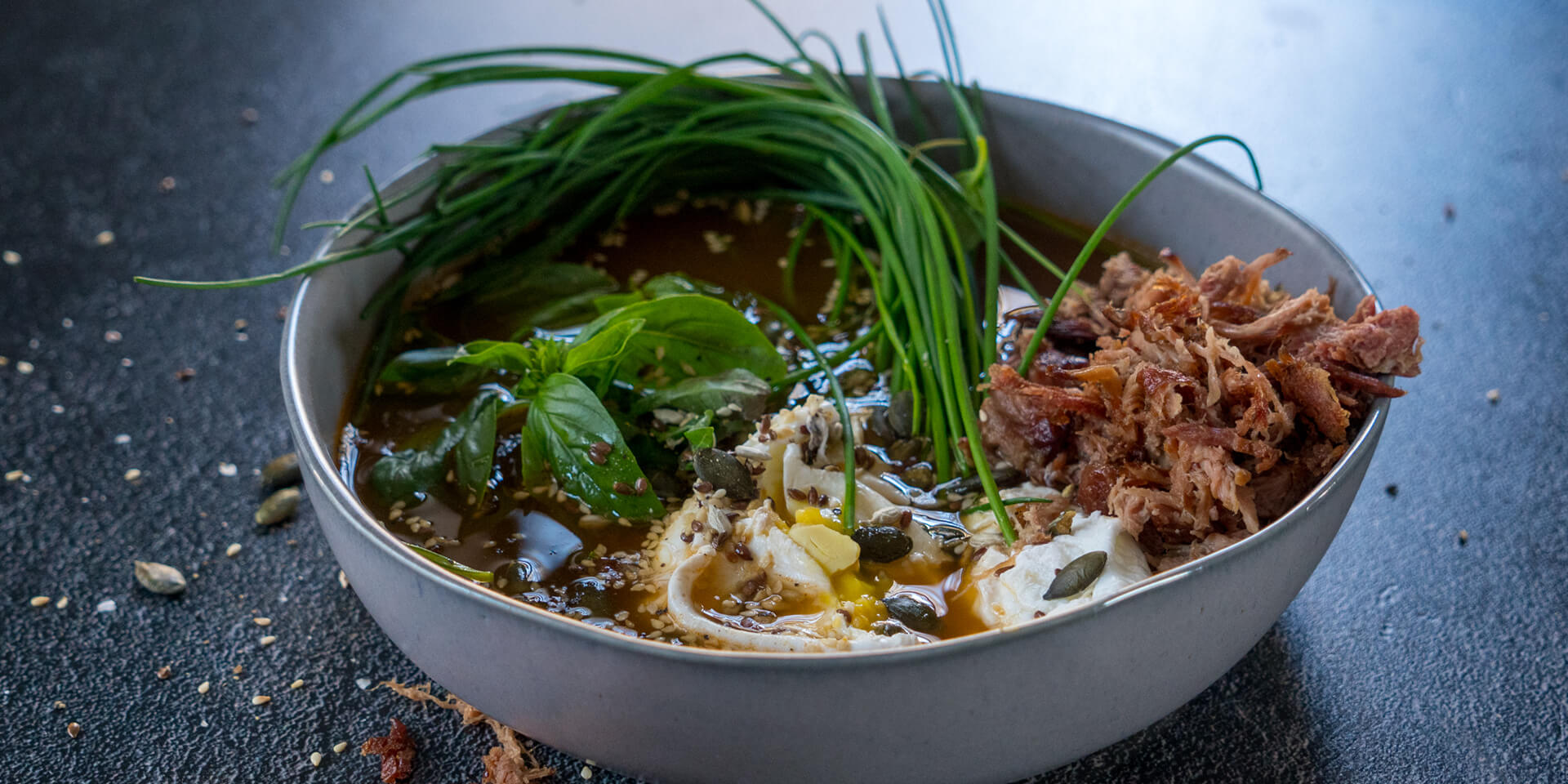 Breakfast Broth Breakfast Broth with Poached Eggs & Pulled Pork