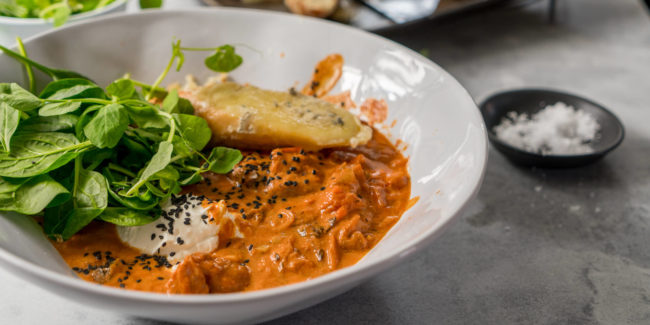 Creamy Tomato & Pork Neck Soup with Grilled Cheese Baguette