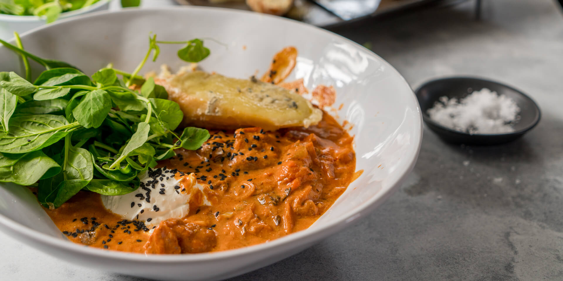Creamy Tomato & Pork Neck Soup with Grilled Cheese Baguette