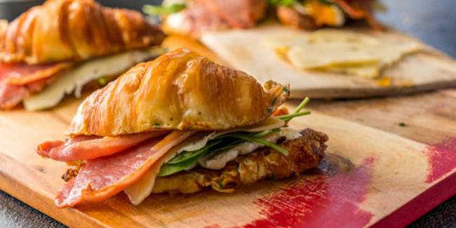 French Toast Croissants with Bacon, Emmental Cheese & Baby Spinach