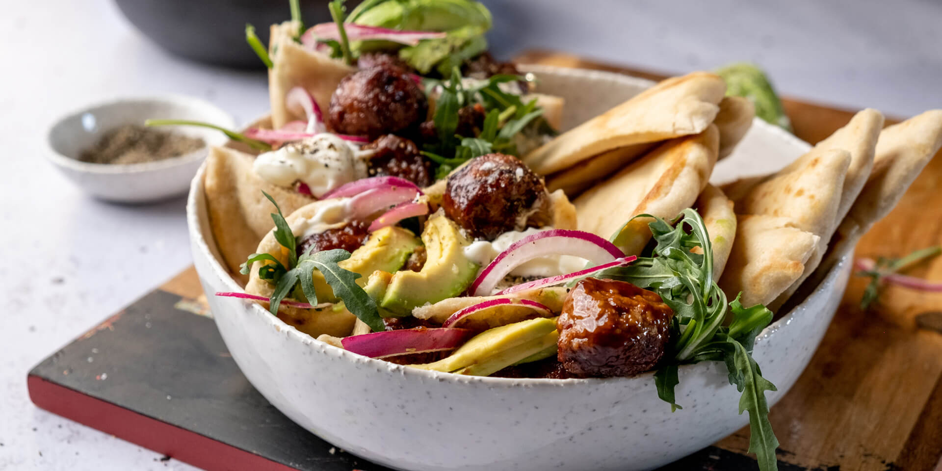 BBQ Mini Frikkadels with Red Salad in a Low GI Pita
