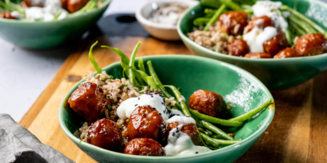 Zesty Brown rice salad with Cape Malay Mini Frikkadels and Coconut yoghurt