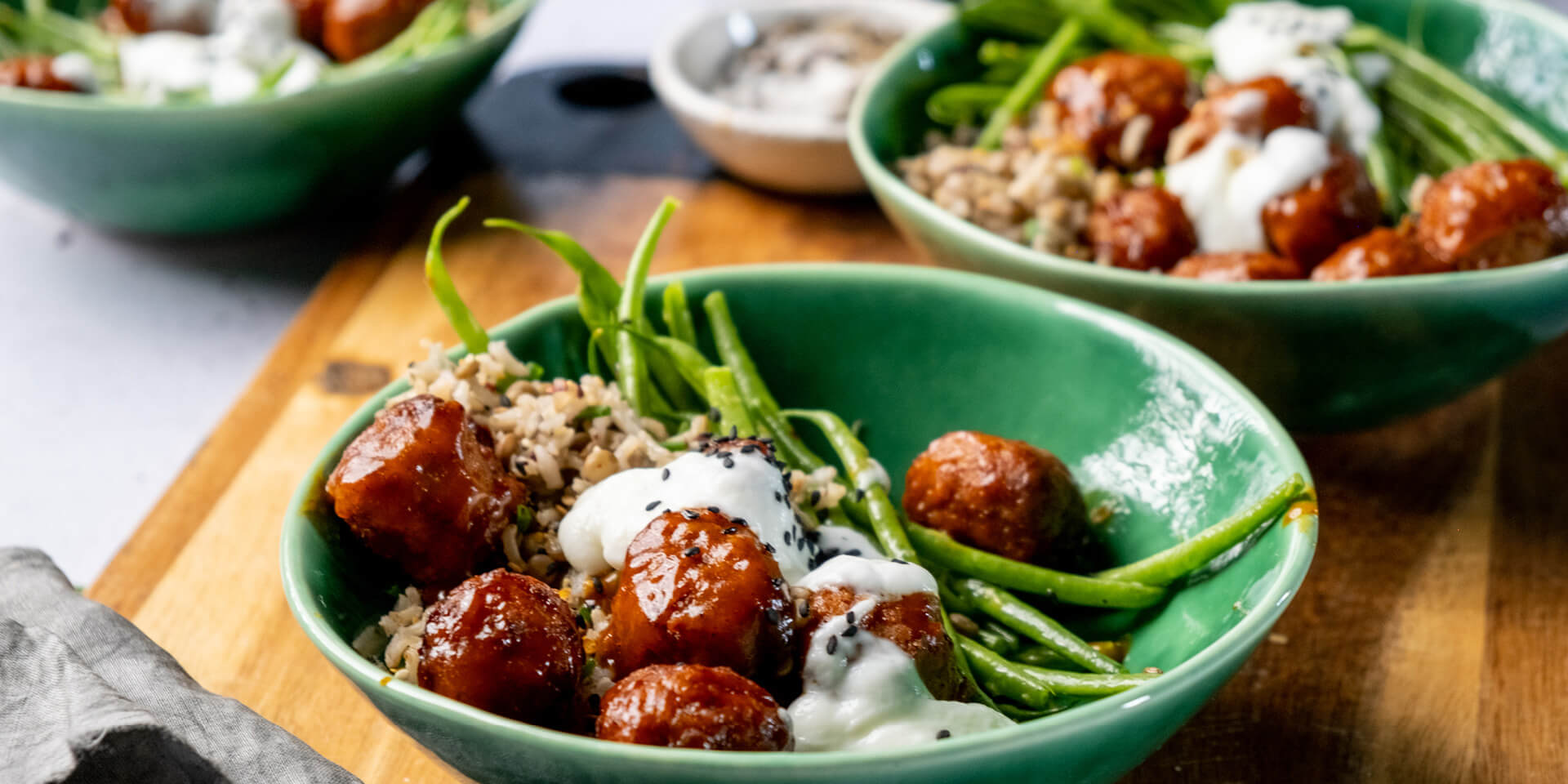 Zesty Brown rice salad with Cape Malay Mini Frikkadels and Coconut yoghurt