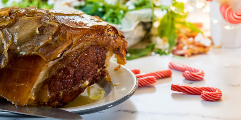 Orange, Garlic and Pear Gammon with a Pea, Feta and Bacon Salad