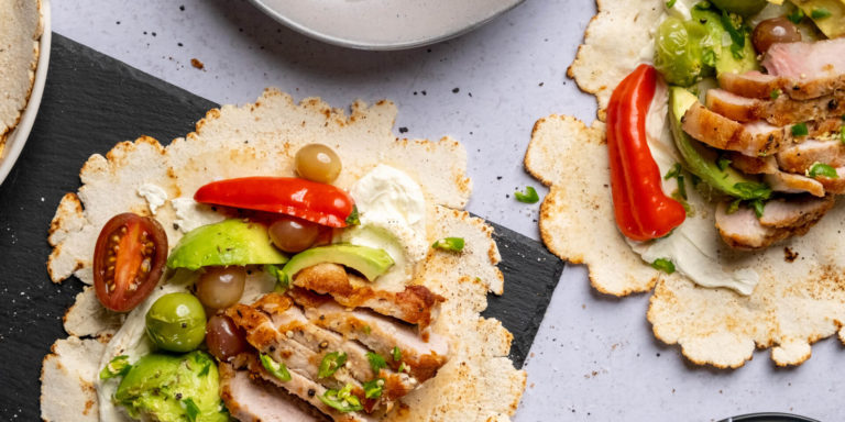 Gluten Free Wraps with Spicy Pork Sirloin Steak avo and Pickled Veggies