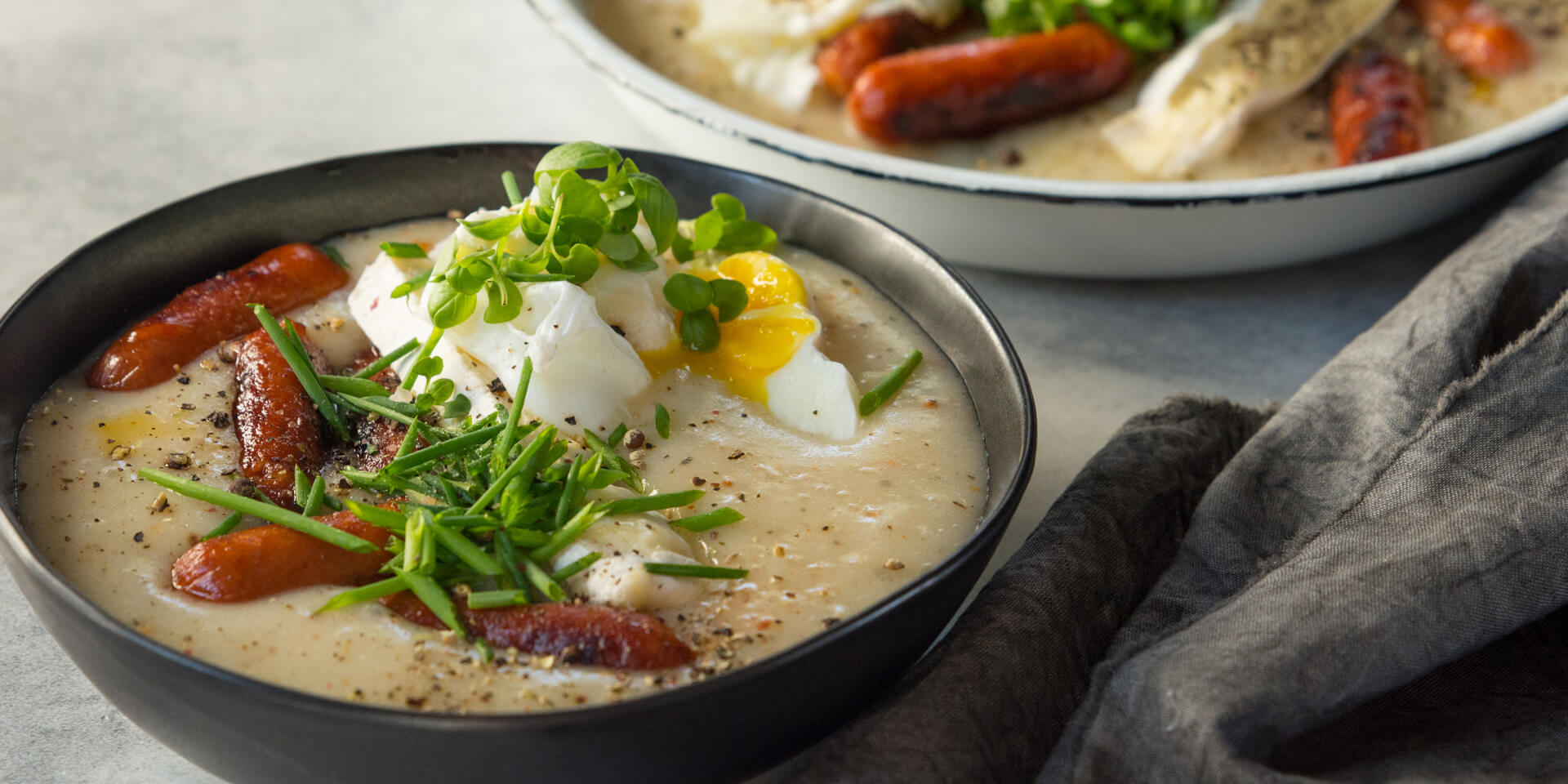 Harissa & Brie Breakfast Mash with Mini Cheese Grillers & Poached Eggs