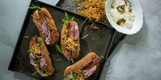 Smoked Vienna Hot Dogs with Deep Fried Sweet Potato & Jalapeño Mayo