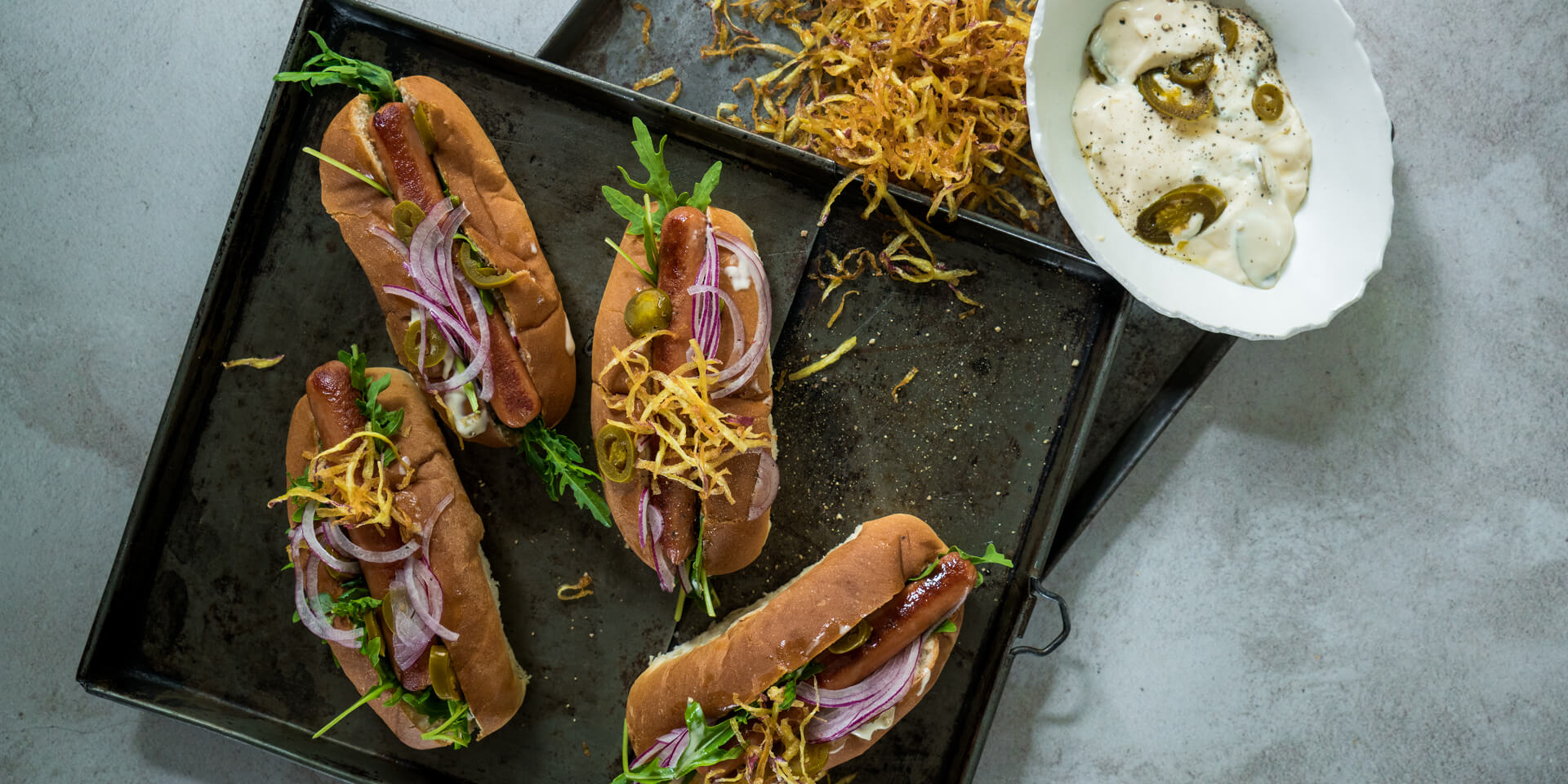 Smoked Vienna Hot Dogs with Deep Fried Sweet Potato & Jalapeño Mayo