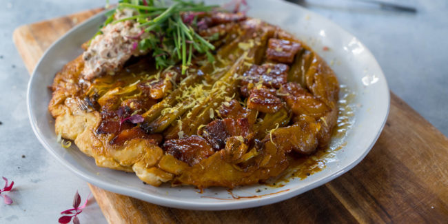 Pork & Leek Tarte Tatin with Feta & Sundried Tomato Cream