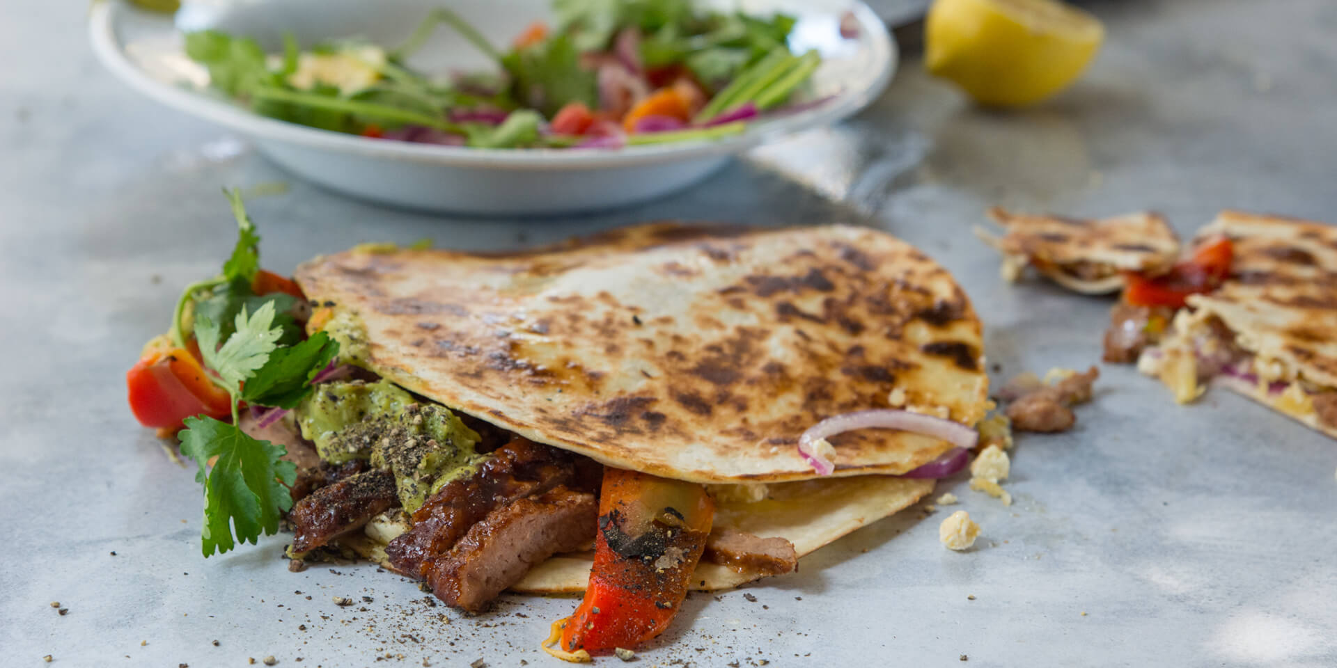Spicy Rib Burger Quesadillas with Guacamole & Salsa