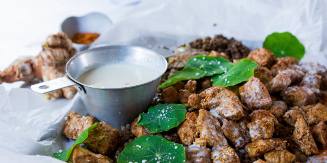 Berbere Spiced Pork Goulash with Lentils and a Ginger Nkomazi