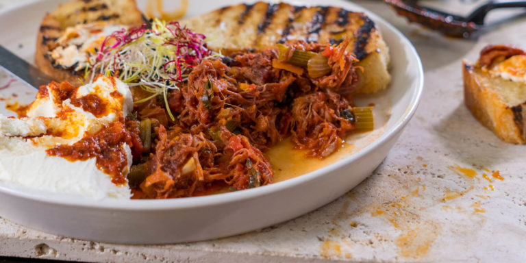 Pork Ragu on Bruschetta with Labneh & Spiced Oil