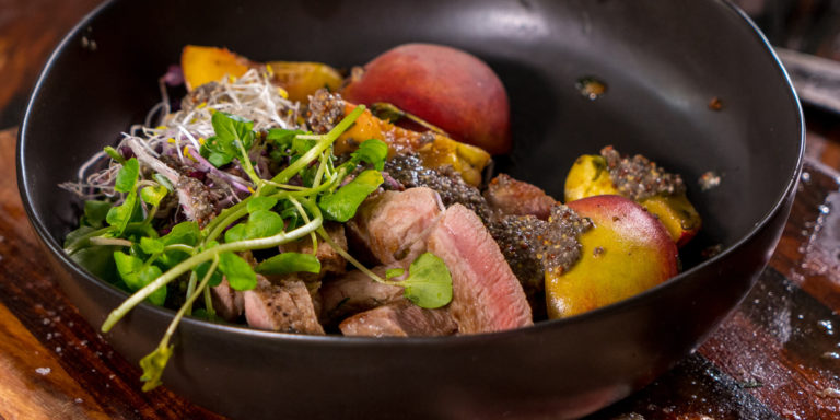 Pork Neck & Peach Salad with Poppy Seed Dressing