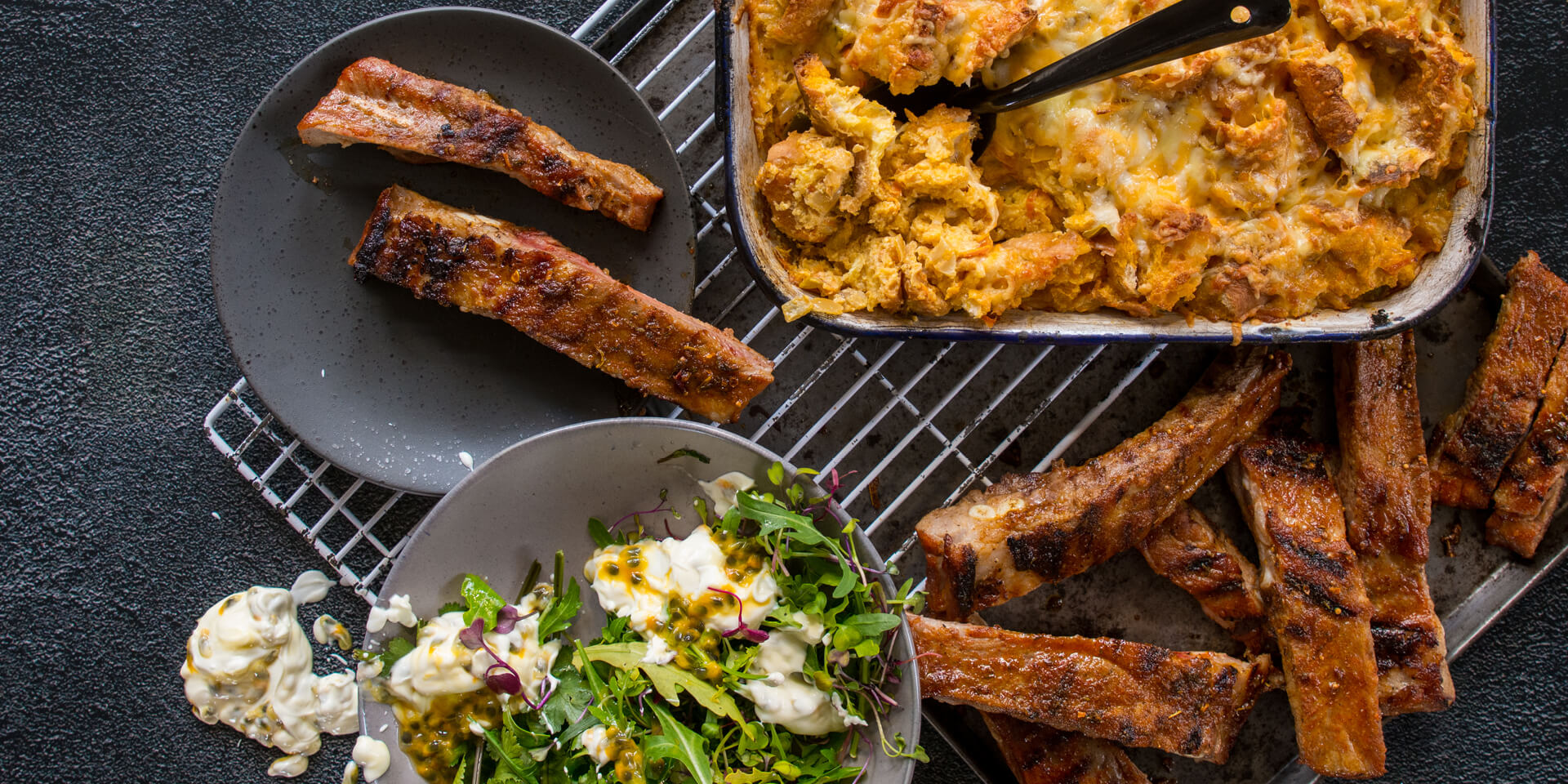BBQ Ribs with Chakalaka Bread Pudding and Green Salad