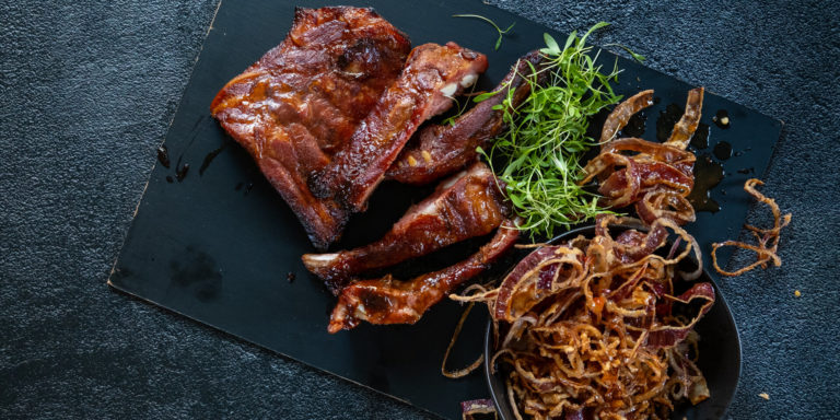 BBQ Ribs with Sweet & Sour Onion Rings